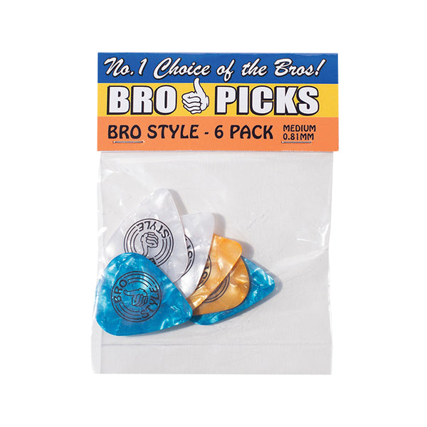 The bro style BRO STYLE BRO PICKS 6 PACK features six medium 0.81mm guitar picks in assorted multi color skateboard-inspired veneers, packaged in a clear plastic bag with a header card.