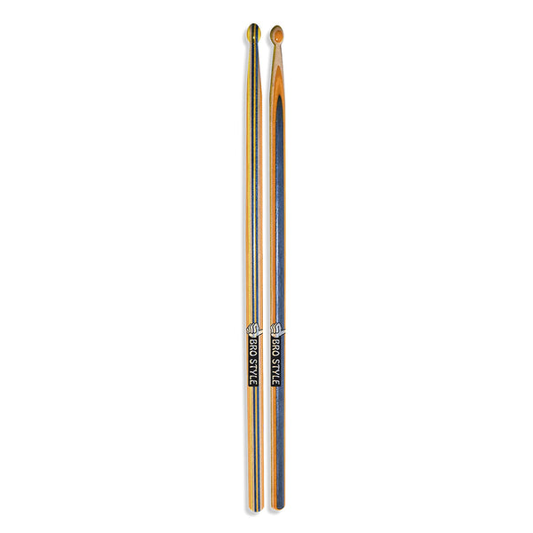 A pair of BRO STYLE BRO STICKS drum sticks by bro style, featuring multi-color wooden design and "bro style" labels near the handles, placed side by side on a white background.