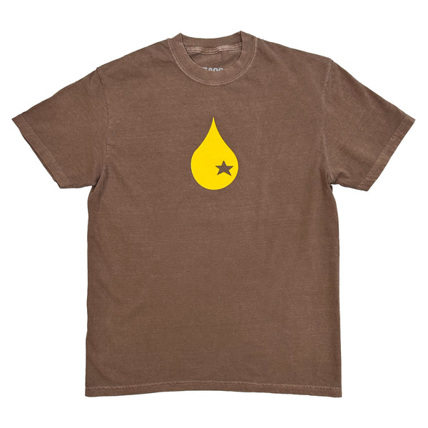 A brown shirt with a mustard yellow water drop on it.