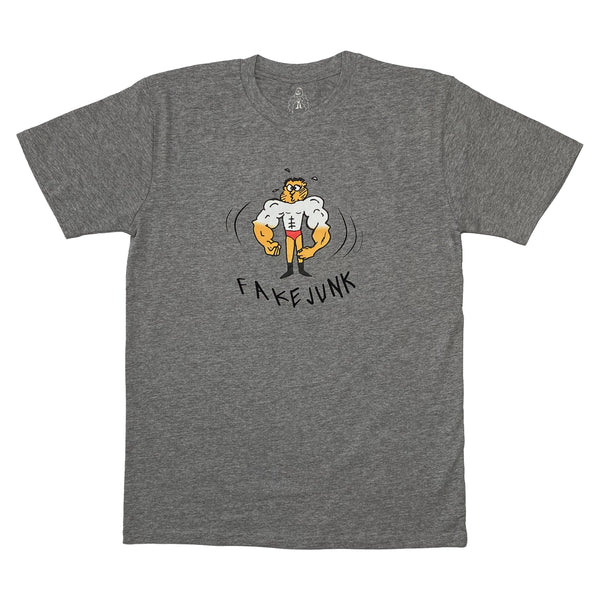 A FAKE JUNK TAN LINES T-SHIRT GREY with a cartoon character on it.