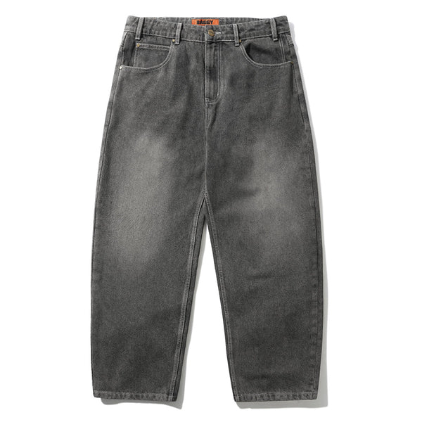 The Butter Goods Roach Denim Jeans in Black Wash feature a high-waisted, baggy fit with five pockets and belt loops, shown laid flat against a white background.