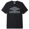 The Butter Goods x Umbro Diamond Logo Tee in black features the iconic Umbro logo complemented by "Butter Worldwide" elegantly scripted in silver, capturing the signature style of Butter Goods.