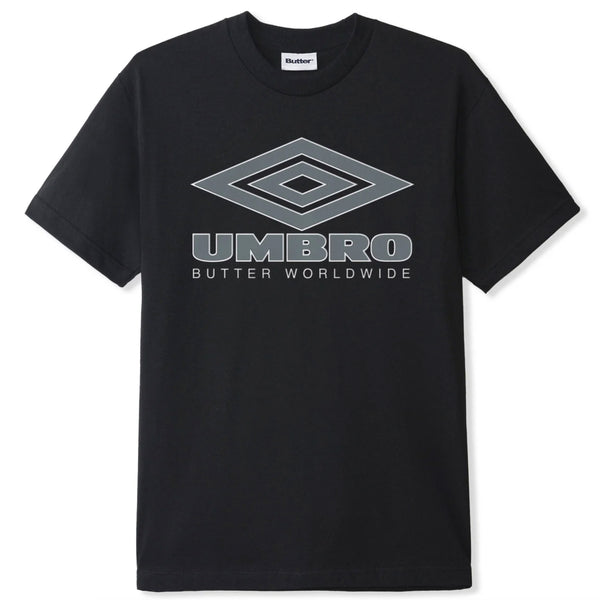 The Butter Goods x Umbro Diamond Logo Tee in black features the iconic Umbro logo complemented by "Butter Worldwide" elegantly scripted in silver, capturing the signature style of Butter Goods.