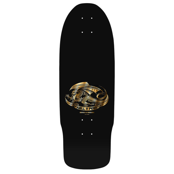 A black skateboard deck featuring a gold dragon and the words "INCA SKULL / JOEL'S PERU," reminiscent of the POWELL PERALTA BONES BRIGADE CABALLERO SERIES 16 design style.