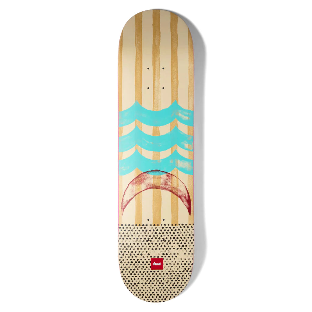 A CHOCOLATE skateboard with a wave design on it.