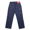 The CARPET CO. C-STAR JEANS RAW DENIM by Carpet Co. feature a back view design in dark blue 100% cotton with two back pockets and orange stitching, a turquoise star on the right pocket, and a pink waistband label.