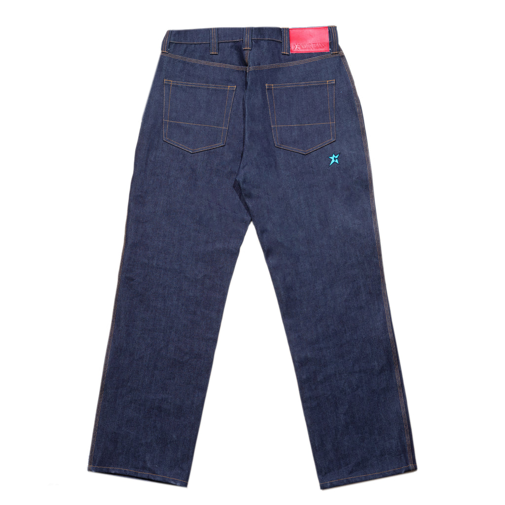 The CARPET CO. C-STAR JEANS RAW DENIM by Carpet Co. feature a back view design in dark blue 100% cotton with two back pockets and orange stitching, a turquoise star on the right pocket, and a pink waistband label.