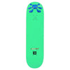 A bright green skateboard deck featuring a blue octopus design near the top, the word "CARPET" in red, and a black logo and text near the bottom. The screen-printed design of the Carpet Co. CARPET BACTERIA stands out vividly against various stains on the base colors.