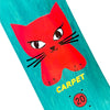The limited edition CARPET CAT DECK by Carpet Co. showcases a turquoise base, hand-screened red cartoon cat with black whiskers, "CARPET" text below, and the number 20 inside a red circle.