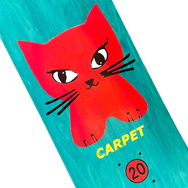 The limited edition CARPET CAT DECK by Carpet Co. showcases a turquoise base, hand-screened red cartoon cat with black whiskers, "CARPET" text below, and the number 20 inside a red circle.