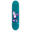 A blue Carpet Co. skateboard deck featuring a white and purple screen printed illustration of the CARPET COMPANY BRAT LOGO cartoon character with expressive eyes and limbs in motion.