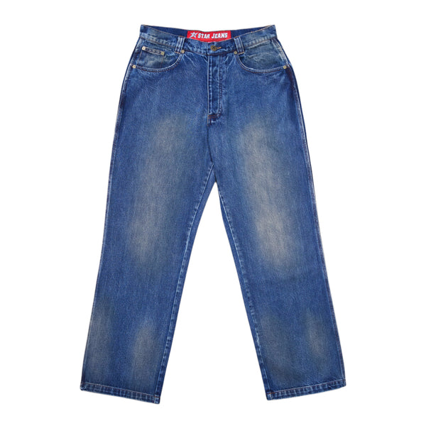 The POLAR CARPET CO. C-STAR JEANS WASHED BLUE are crafted from quality cotton, featuring a five-pocket design and slight thigh fading, complete with a red "STAR JEANS" label on the waistband.