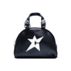 The Bluetile Skateboards CARPET CO. C-STAR PURSE BLACK is a chic black leather purse with two handles, silver buckles, and a white star-shaped “C” design on the front—perfect for any occasion.
