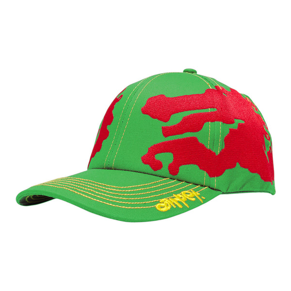 The Carpet Co. CARPET CO. DRAGON HAT GREEN features green fabric with an abstract red pattern, yellow brim stitching, and a snap closure for comfort—drawing inspiration from the brand’s signature Dragon Hat design.
