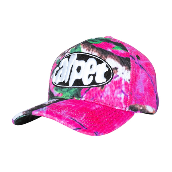 A pink, black, and green tie-dye Carpet Co. Realtree hat with a heavy canvas and an oval patch showing "capper" in white text.