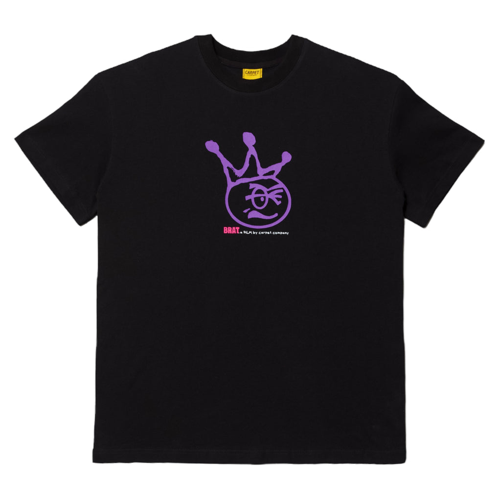 Carpet Co. "Kid" tee black with a purple crown and circular logo design on the front featuring stylized, hand screen-printed text.