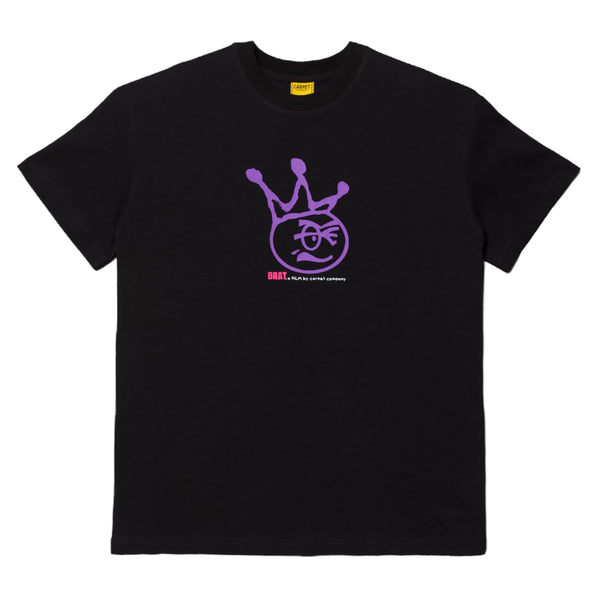 Carpet Co. "Kid" tee black with a purple crown and circular logo design on the front featuring stylized, hand screen-printed text.
