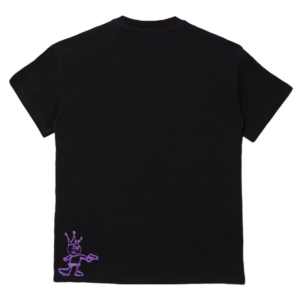 Carpet Co. "Kid" tee black featuring a small purple cartoon character hand screen printed near the bottom right hem on the back.