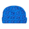 The CARPET CO. C-STAR BEANIE BLUE from Carpet Co. features black-outlined stars on one side and is made of 100% cotton, offering comfort and style with each wear.