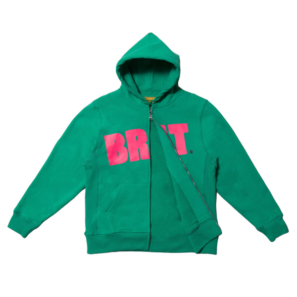 Green Carpet Co. zip hoodie with a front zipper and pink "brat" logo spelling "brat" across the chest, displayed on a white background.