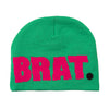 Green beanie hat with the word "brat" in bold pink letters from Carpet Co.