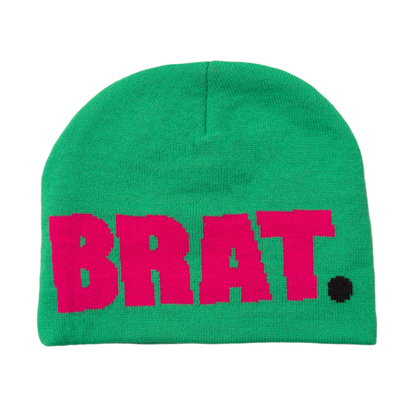 Green beanie hat with the word "brat" in bold pink letters from Carpet Co.