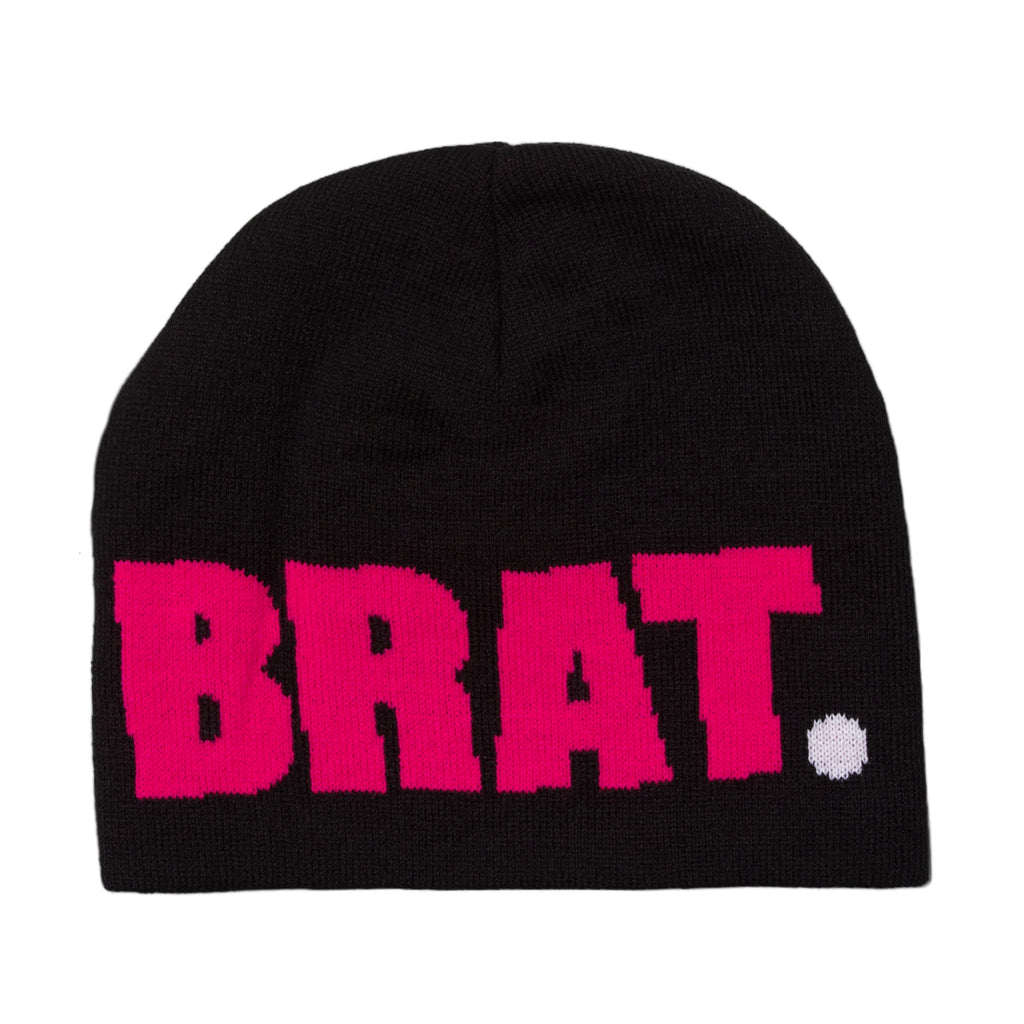 Black cotton beanie with the CARPET CO. BRAT LOGO NO FOLD BEANIE BLACK knitted in pink letters.