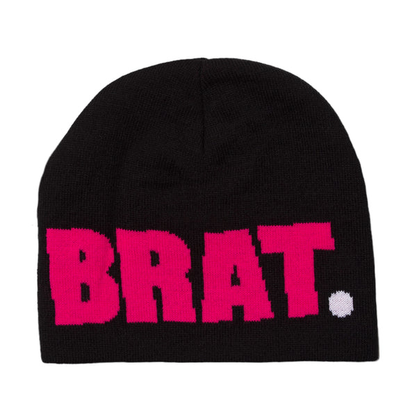 Black cotton beanie with the CARPET CO. BRAT LOGO NO FOLD BEANIE BLACK knitted in pink letters.