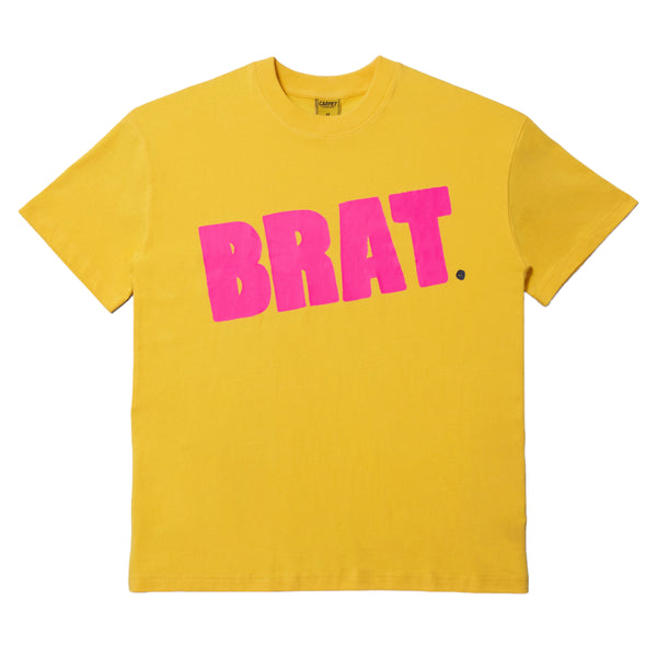 Yellow Carpet Co. Brat Tee Lemon with the word "brat" screen printed in large pink letters on the front.