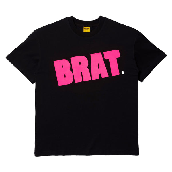 Carpet Co. black t-shirt with the word "brat" printed in large rose pink letters on the front.