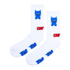 The STANCE CARPET CO. CAT SOCK WHITE showcases a blue cartoon cat and bold red "car" text—an ideal pick for cat sock fans and custom kitty enthusiasts.