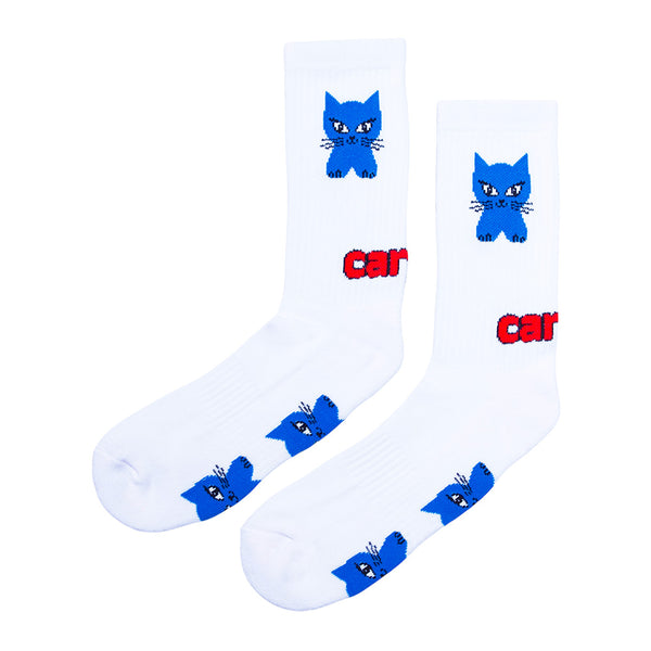 The STANCE CARPET CO. CAT SOCK WHITE showcases a blue cartoon cat and bold red "car" text—an ideal pick for cat sock fans and custom kitty enthusiasts.