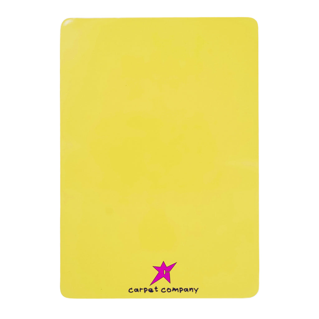 Yellow business card with the "Carpet Co." logo and a pink star at the bottom.