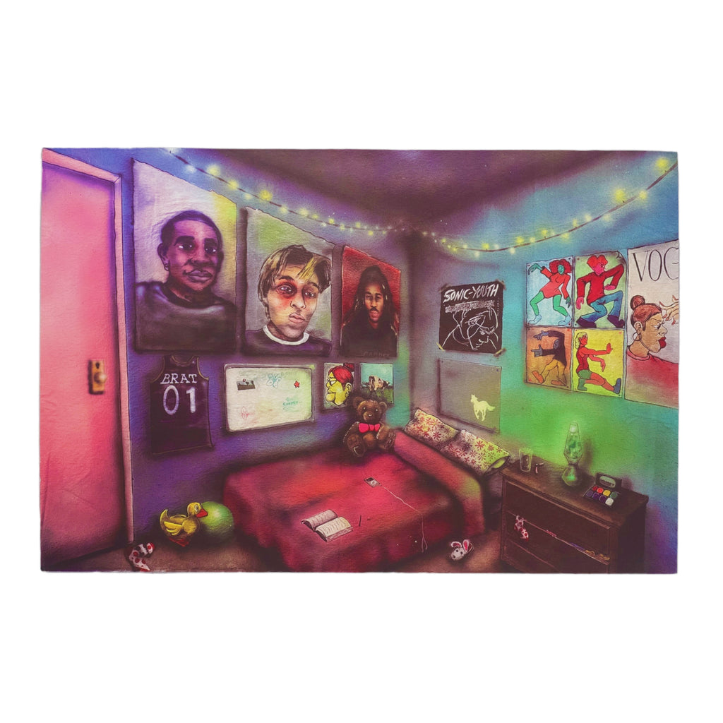 A colorful mural depicting a room with a couch, Denim Carpet Co. BRAT DVD, and walls adorned with various artworks and posters.