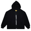 The Carpet Co. FAKE ZIP UP HOODIE BLACK features a double zip design, hood, front pockets, and "CARPET COMPANY" printed in white along the zipper—a stylish and comfortable choice for daily wear.