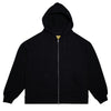 Carpet Co. FAKE ZIP UP HOODIE BLACK features a double zip, front pocket, and drawstring hood, shown flat on a white background.