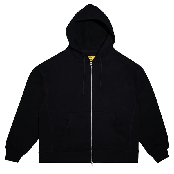 Carpet Co. FAKE ZIP UP HOODIE BLACK features a double zip, front pocket, and drawstring hood, shown flat on a white background.
