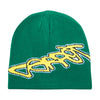 The CARPET CO. FREESTYLE BEANIE GREEN by Carpet Co. is a green cotton beanie featuring a large yellow and white stylized graphic text on the front in signature freestyle beanie style.