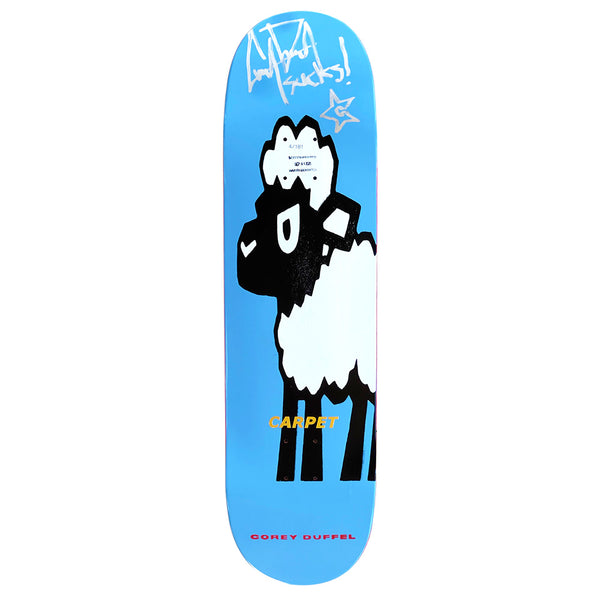 The Carpet Co. CARPET COREY DUFFEL GUEST DECK is a limited edition blue skateboard featuring a cartoon sheep, "CARPET" text, Corey Duffel's name at the bottom, and hand-screened white graffiti accents at the top.