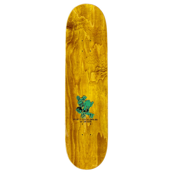 The Carpet Co. Corey Duffel Guest Deck is a limited edition skateboard with a yellow stain, small blue cartoon graphic, and black center text—a unique, hand-screened collector’s item.