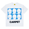 The CARPET CO. BABYPHAT TEE WHITE showcases a screen-printed six-square grid of blue and white baby faces above bold "CARPET CO." text.