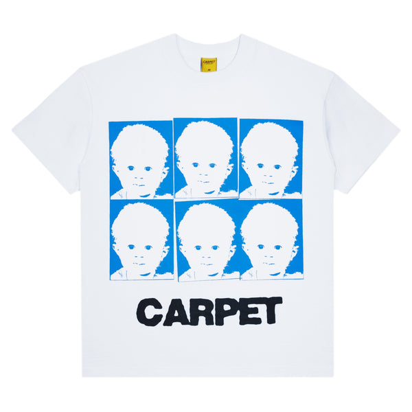 The CARPET CO. BABYPHAT TEE WHITE showcases a screen-printed six-square grid of blue and white baby faces above bold "CARPET CO." text.