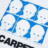 Introducing Carpet Co.'s BabypHat Tee in White, a unique T-shirt featuring a blue and white screen-printed pattern of a child's face with bold black text partially visible. This artistic piece seamlessly blends style and creativity.