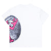 The CARPET CO. VINYL TEE WHITE by Carpet Co. showcases a partially visible pink cartoon character with raised hands against a circular, textured gray background on the back, echoing James Ferrell's playful style.