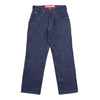 The Carpet Co. C-Star Jeans are dark blue straight-leg jeans made from 100% cotton raw denim, featuring five pockets and a red "Star Jeans" label on the waistband.