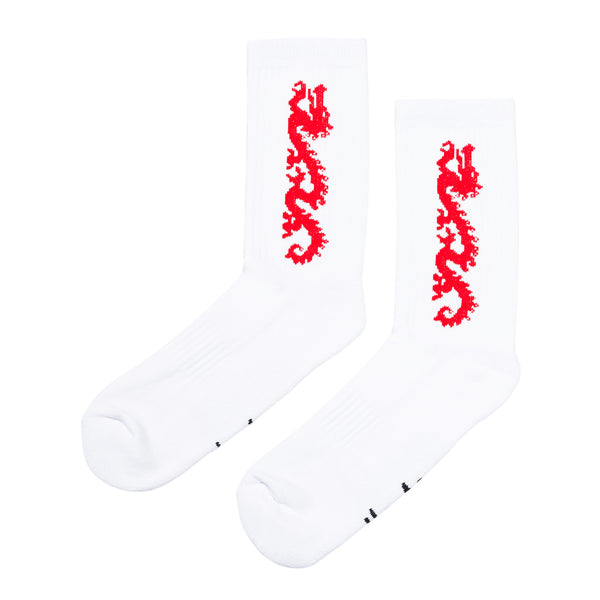 The STANCE CARPET CO. DRAGON SOCK WHITE features custom red dragon artwork on the sides of white crew socks, designed by Carpet Co.