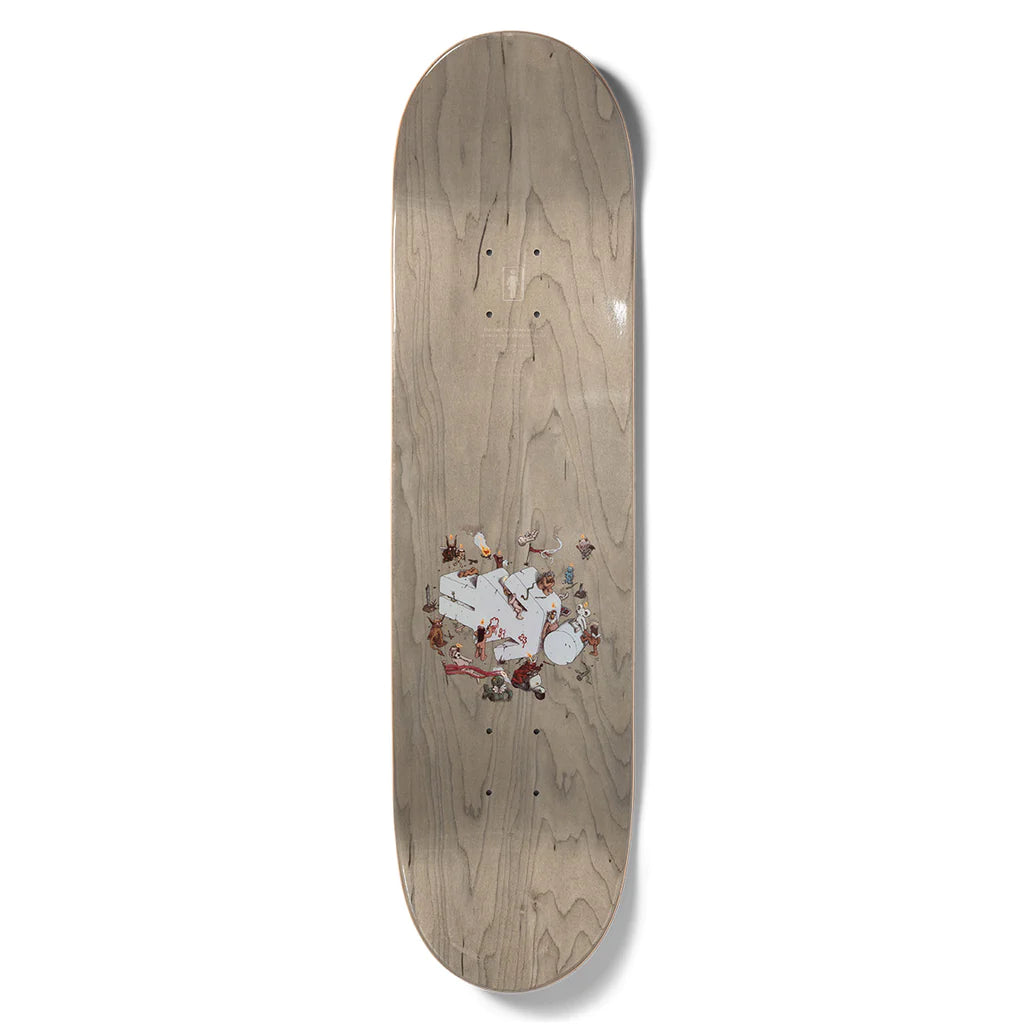 An "GIRL CARROLL MONUMENTAL" skateboard with an image of a dog and a cat on it.