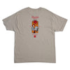 Introducing the CHOCOLATE HABANERO HOT SAUCE TEE by CHOCOLATE: a beige, modern classic fit T-shirt that boasts a vibrant rooster graphic with "Chocolate Soufflé Hot Sauce" text on the back. Crafted from ring spun US cotton, this shirt merges comfort with the spicy essence of chocolate habanero hot sauce.