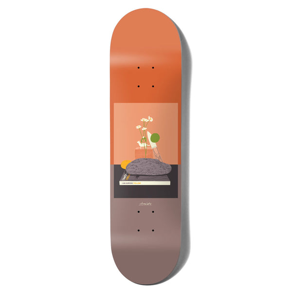 The CHOCOLATE X HECOX ANDERSON STILL skateboard deck by CHOCOLATE features an abstract design of flowers in a vase on a table, against a rich gradient of chocolate brown and orange hues.