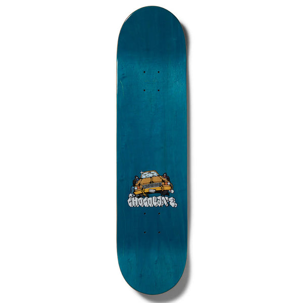 The CHOCOLATE PEREZ FIENDIN' skateboard deck by CHOCOLATE is blue and features a small car carrying goods graphic with "Chocolate Perez" in stylized text at the center. Model: G023.